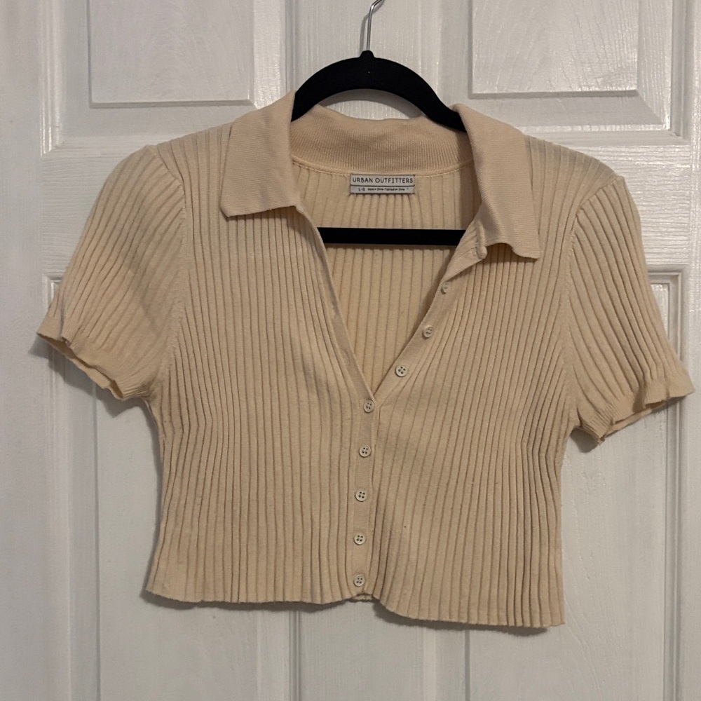 Urban Outfitters Beige Ribbed Button Down Shirt cropped